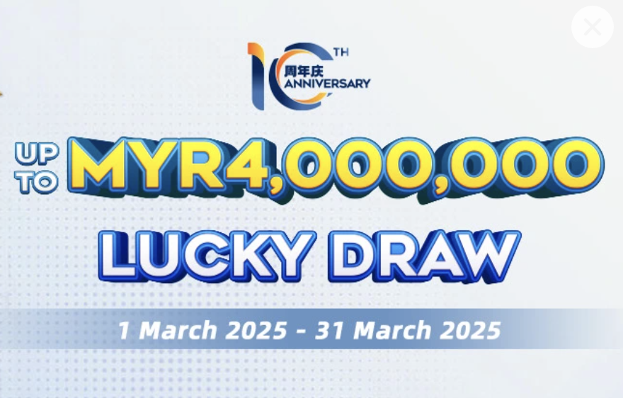 An advertisement for a lucky draw with a grand prize of up to MYR4,000,000. The text "LUCKY DRAW" is prominently displayed, along with the event dates of "1 March 2025 - 31 March 2025." A logo for a 10th-anniversary celebration is visible in the top right corner.