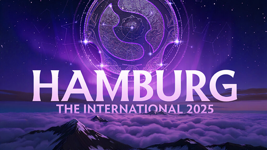 An event poster for "The International 2025" in Hamburg. The image has a celestial theme, featuring a night sky filled with stars and constellations, with a glowing, intricate symbol at the top. The word "HAMBURG" is written in large, bold letters below the symbol, with the text "THE INTERNATIONAL 2025" underneath it. The bottom of the image shows a mountain range and clouds.
