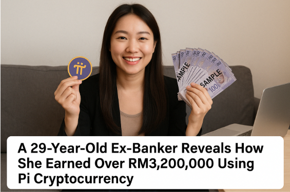 A promotional image featuring a smiling woman holding a Pi cryptocurrency coin in one hand and a fan of Malaysian ringgit banknotes marked "SAMPLE" in the other. The text at the bottom reads, "A 29-Year-Old Ex-Banker Reveals How She Earned Over RM3,200,000 Using..."