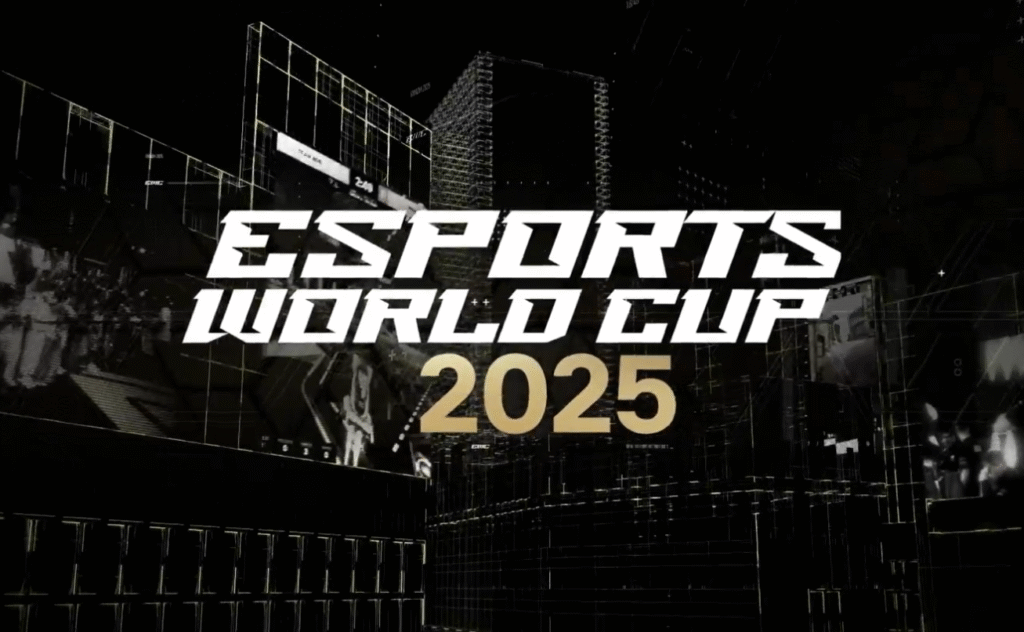 A dark, high-tech graphic for the "ESPORTS WORLD CUP 2025." The title is centered in a white, stylized font, with the year "2025" in gold below it. The background is a digital cityscape with a wireframe grid and blurry figures, suggesting a virtual or futuristic theme.