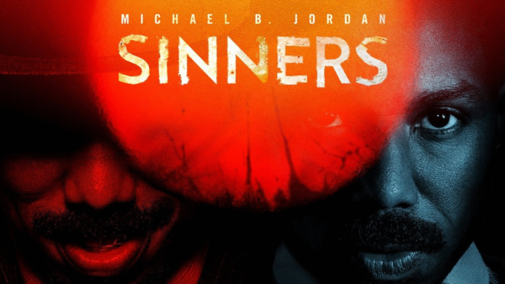 A dark and intense movie poster for the film "SINNERS," starring Michael B. Jordan. The image shows the bottom half of two men's faces, one on the left and one on the right, partially obscured by a large, blurry red circle in the center. The man on the left has a prominent mustache and is shrouded in shadow. The man on the right, played by Michael B. Jordan, also has a mustache and is lit with a dramatic blue light.