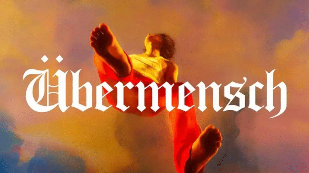 A digital art image with warm, ethereal tones. GDragon with bare feet is shown floating in the air, with their head tilted back and arms out of view. GDragon is wearing red pants and a light shirt. Large text in a Gothic font reads "ÜBERMENSCH" in front of the person. The background is a blend of orange, yellow, and purple hues, resembling a cloudy sky.