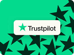 The Trustpilot logo, which is a white rectangle with a green star and the word "Trustpilot" in black. The background is a solid green color with darker green star shapes scattered across it.