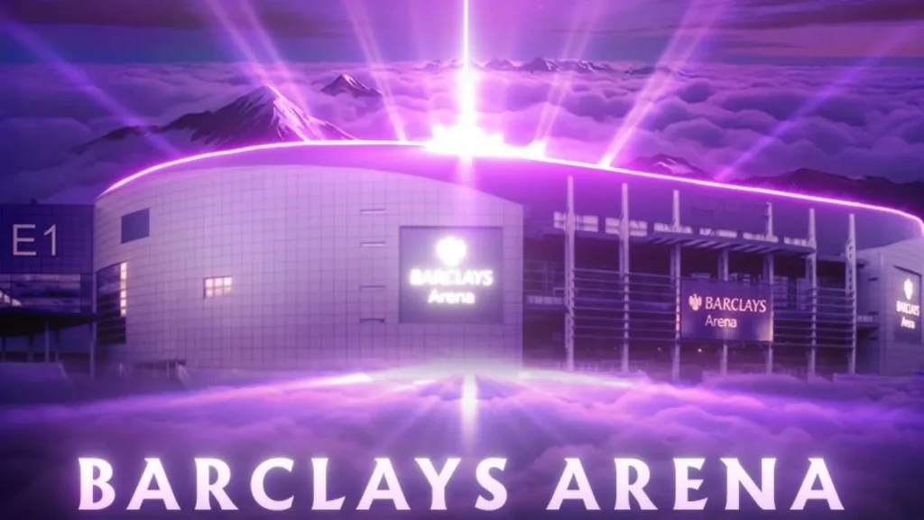 Barclays Arena illuminated in purple lights with glowing sky and mountain backdrop.