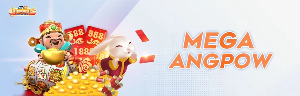 Colorful casino-themed banner featuring a cheerful god of fortune holding a gold ingot, a smiling white rabbit tossing red envelopes, piles of gold coins, and red cards with "888". Bold text on the right reads "MEGA ANGPOW".