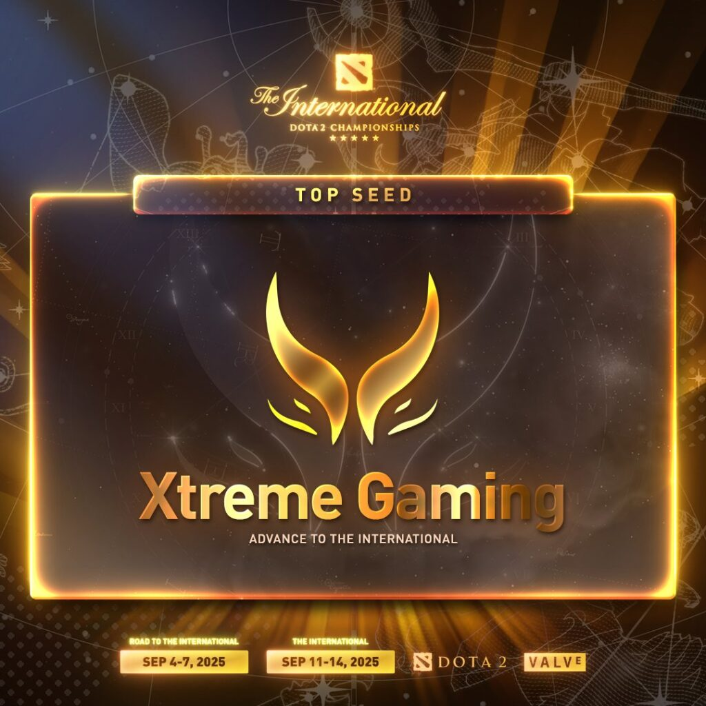 Xtreme Gaming announced as top seed advancing to Dota 2 The International 2025, with golden logo and tournament dates September 4–14, 2025.