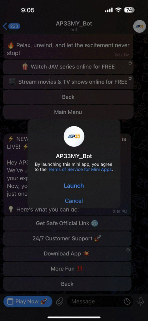 Screenshot of the AP33MY_Bot Telegram interface showing various menu options such as 'Watch JAV series online for FREE,' 'Stream movies & TV shows online for FREE,' 'Get Safe Official Link,' '24/7 Customer Support,' 'Download App,' and a pop-up with options to launch or cancel the AP33 mini app.