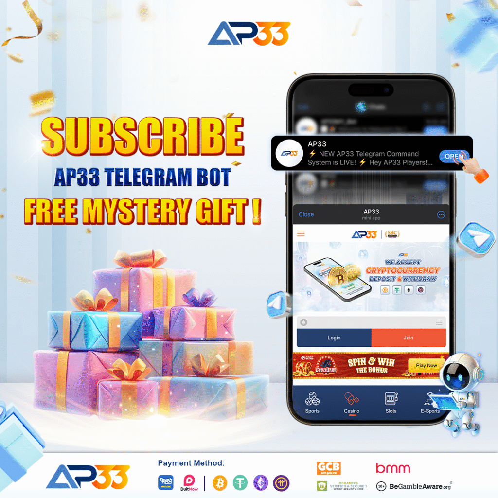 AP33 promotional banner showing a smartphone with the AP33 app interface, colorful wrapped gift boxes, and bold text reading 'Subscribe AP33 Telegram Bot – Free Mystery Gift!'. Payment method icons and responsible gaming logos are displayed at the bottom.