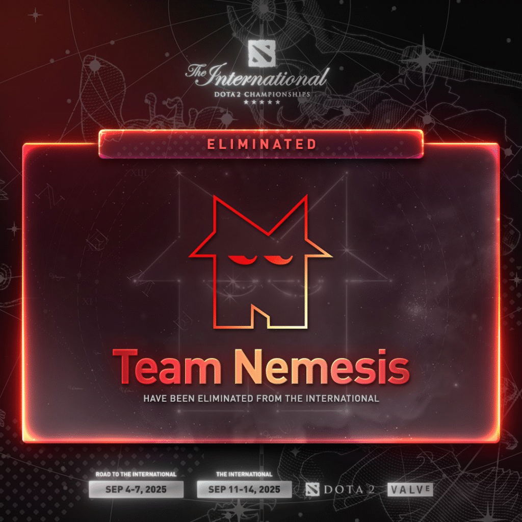 Team Nemesis eliminated from Dota 2 The International 2025, with red glowing logo and elimination banner.