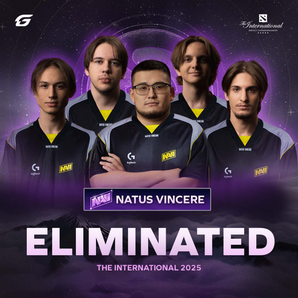 Natus Vincere Dota 2 team photo with eliminated banner at The International 2025.