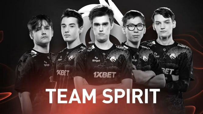 Team Spirit Dota 2 roster posing in black jerseys with 1XBET logo, group photo in black and white with red accents.