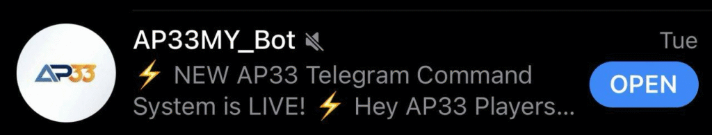 AP33MY_Bot Telegram notification announcing the launch of the new AP33 Telegram Command System with an open button.