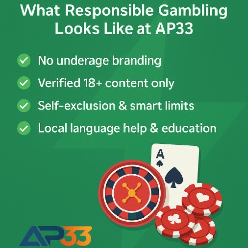 Informational graphic from AP33 promoting responsible gambling, featuring poker chips and a playing card. Text highlights policies including no underage branding, verified 18+ content, self-exclusion and smart limits, and local language support and education.
