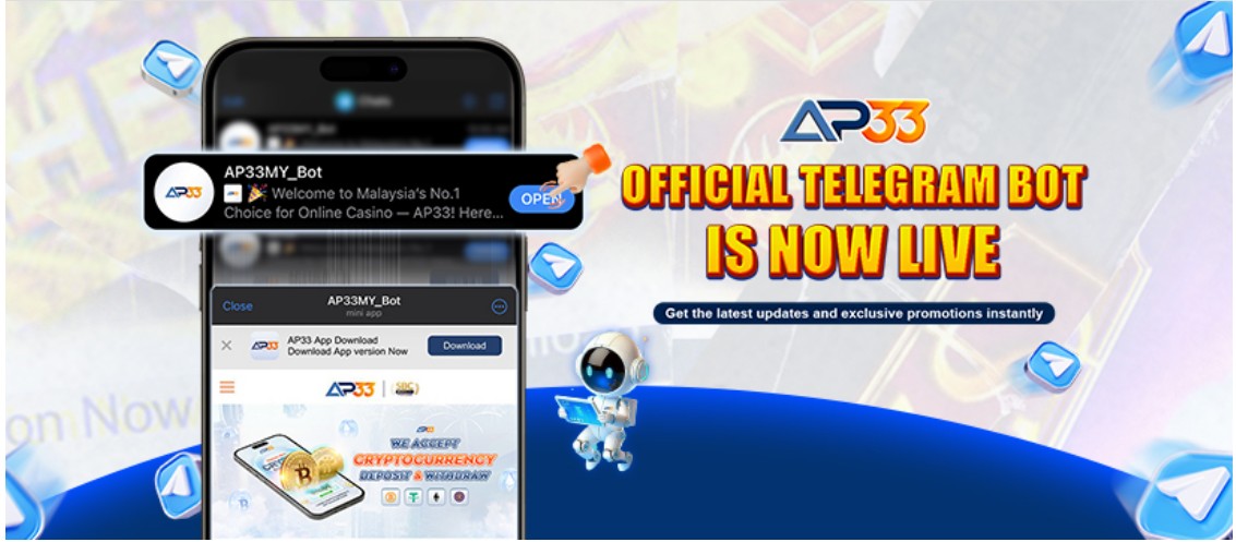 AP33 announces its official Telegram Bot launch with a smartphone display showing the AP33MY_Bot interface, promoting instant updates and exclusive offers.