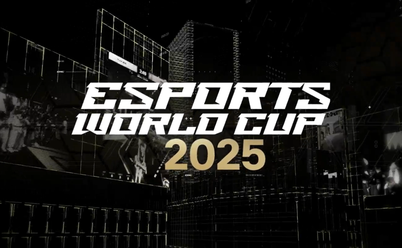 Logo for the “Esports World Cup 2025” featuring bold white and gold text over a dark futuristic digital background with geometric grid lines and cityscape outlines.