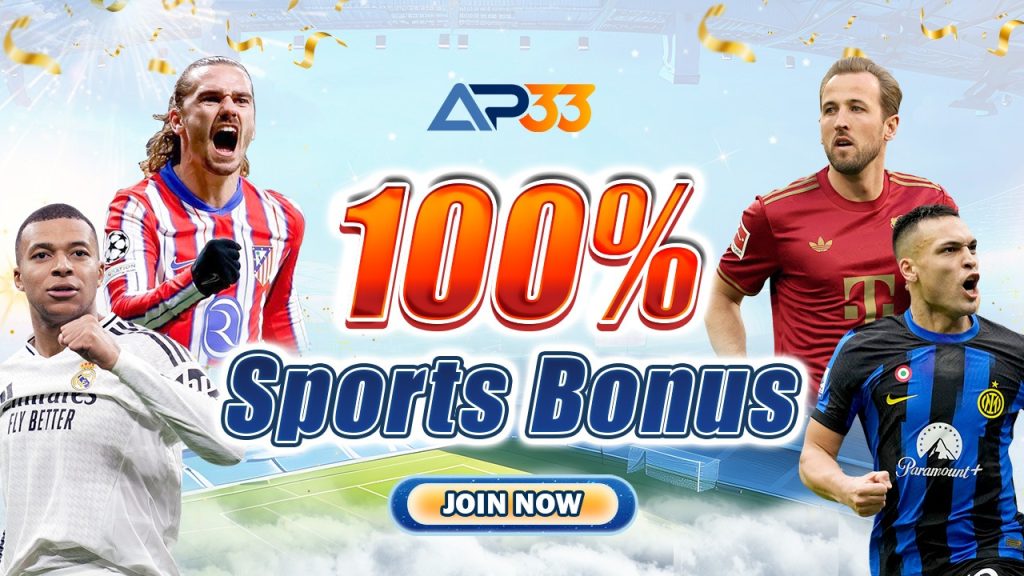 Promotional banner for AP33 offering a 100% sports bonus, featuring football players from top clubs and a “Join Now” button against a stadium backdrop.