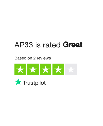Trustpilot rating showing AP33 is rated Great with four out of five stars based on two reviews.