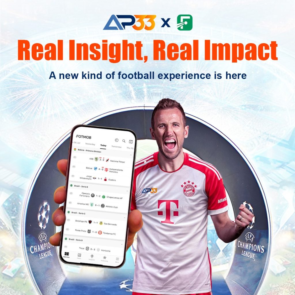 AP33 x FotMob partnership promoting “Real Insight, Real Impact,” showcasing a football player holding a phone displaying FotMob’s live match updates and UEFA Champions League branding.