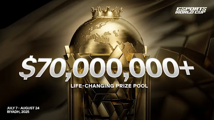 Golden trophy with a world map design and crown on top, showcasing the text “$70,000,000+ Life-Changing Prize Pool” for the Esports World Cup 2025, scheduled in Riyadh from July 7 to August 24.
