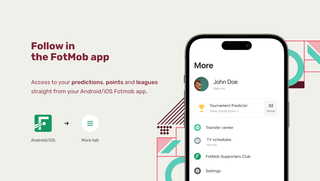 FotMob app interface showing user profile and features like Tournament Predictor, Transfer Center, and TV Schedules with the tagline “Follow in the FotMob app” for Android and iOS.