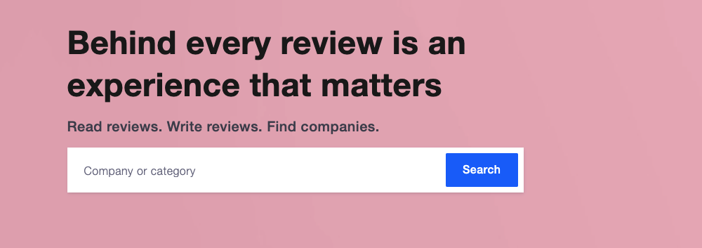 Trustpilot search banner with text reading "Behind every review is an experience that matters" and a search bar for companies or categories.