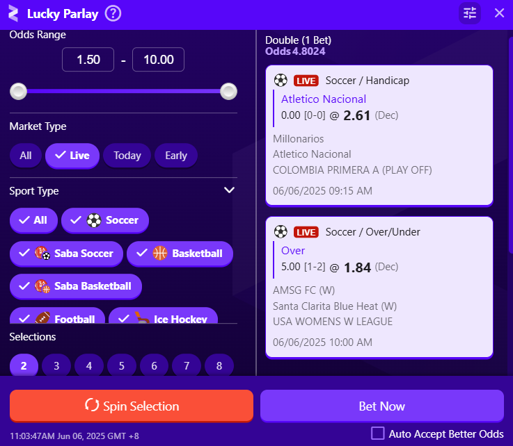 Screenshot of a betting interface titled "Lucky Parlay" showing live soccer bets, including Atletico Nacional vs. Millonarios in the Colombia Primera A playoff and AMSG FC vs. Santa Clarita Blue Heat in the USA Women’s W League, with displayed odds, market types, and bet options under a purple-themed layout.