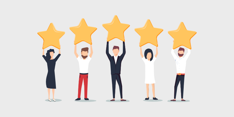 Illustration of five people holding large golden stars above their heads, representing positive reviews, high ratings, and customer satisfaction.