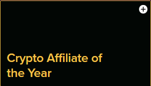 Text reading "Crypto Affiliate of the Year" in gold font on a black background, representing an award category for excellence in crypto affiliate marketing.