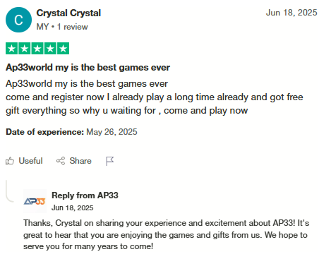 Trustpilot review from a user named Crystal Crystal praising AP33world as the best games ever, mentioning free gifts and recommending others to join, with an official reply from AP33 thanking the user for their positive feedback.