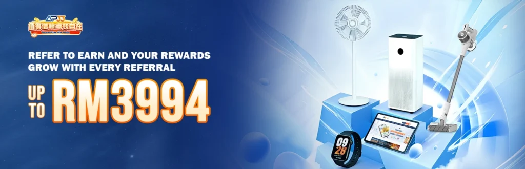 AP33 referral rewards promotion banner offering up to RM 3,994 with household appliances, smartwatch, tablet, and referral campaign visuals.