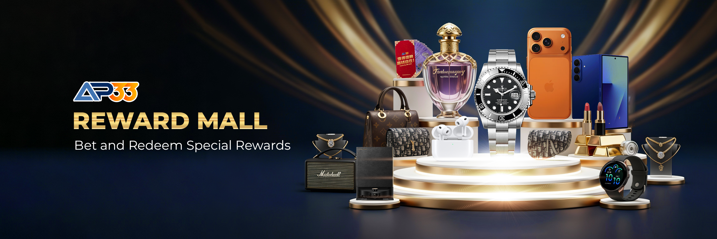 AP33 Reward Mall banner showcasing luxury rewards including smartphones, watches, perfume, gadgets, and accessories displayed on a premium stage, highlighting point redemption and exclusive rewards.