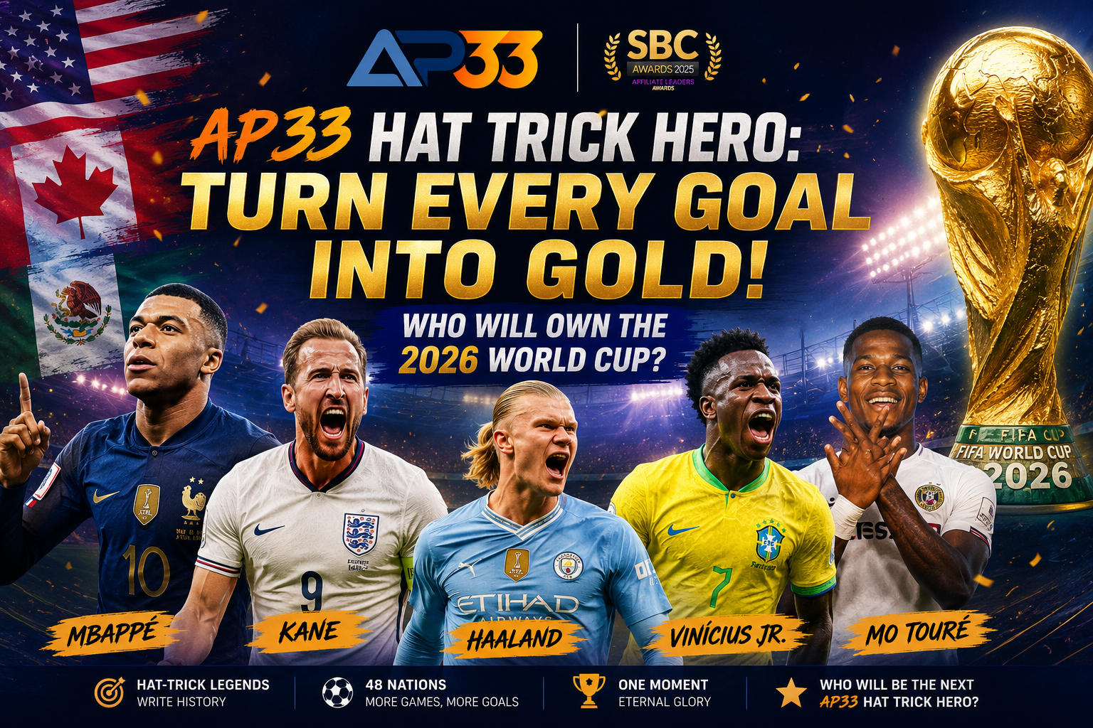 AP33 Hat Trick Hero promotional poster featuring Mbappe, Kane, Haaland, Vinicius Junior, and Mo Toure with the FIFA World Cup trophy for the 2026 World Cup campaign
