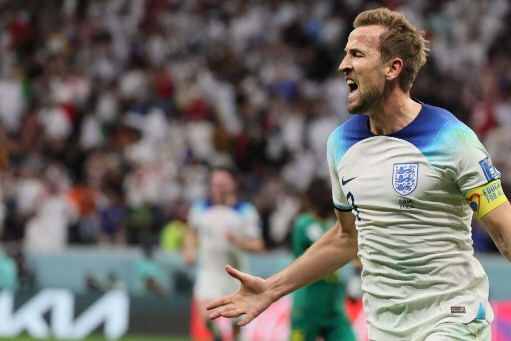 Harry Kane celebrating passionately for England during an international football match