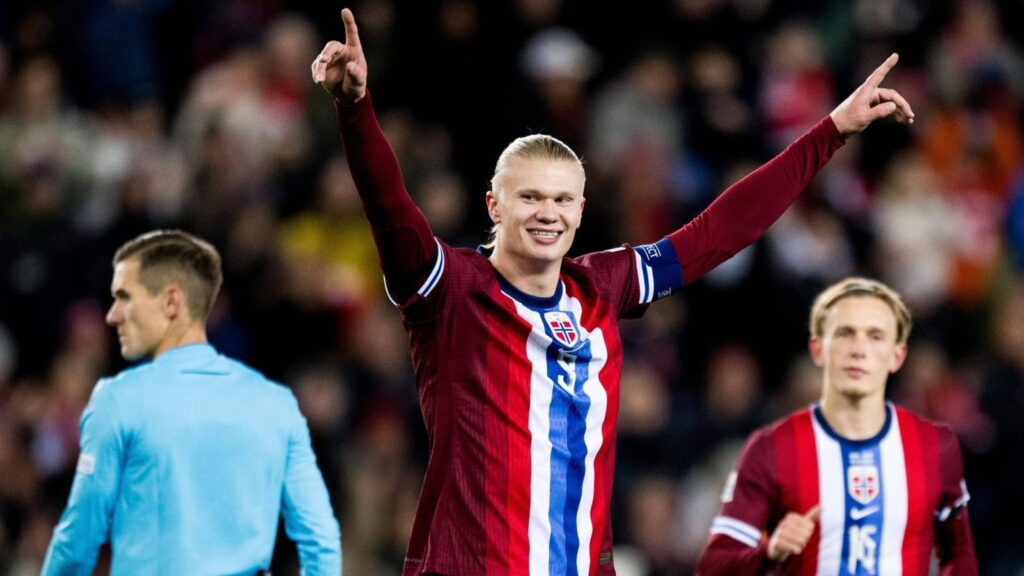 Erling Haaland celebrating for Norway during an international football match