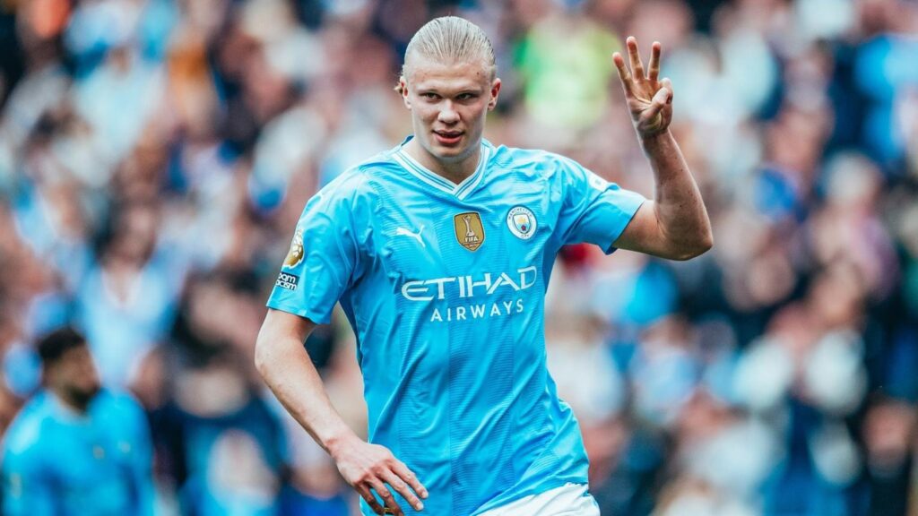 Erling Haaland celebrating for Manchester City during a Premier League football match