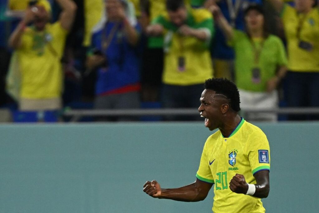 Vinicius Junior celebrating passionately for Brazil during an international football match