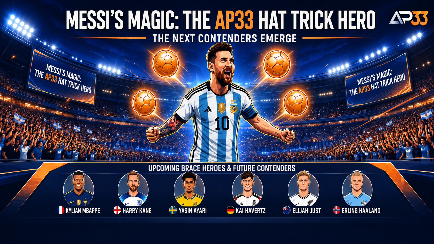 FIFA-inspired football cover image showing Messi celebrating a hat-trick with AP33 branding and future World Cup scoring contenders.